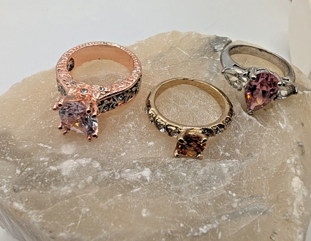 Fashion Rings Set of 3 Rose Gold Silver Tone Pink Stones Earth tones see pics